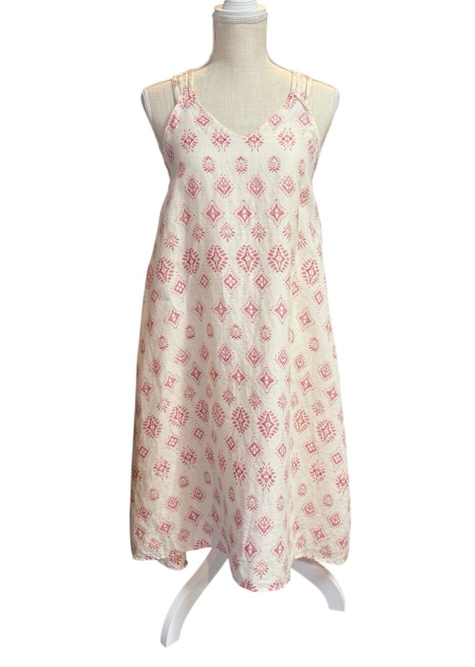Artisan NY Dress 100% Linen Costal Ivory Red Block Print Racerback Boho Beach SM